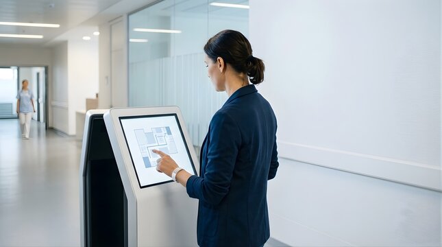 Professional woman using an interactive digital kiosk in a modern hospital hallway