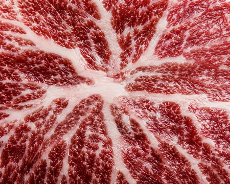 Wagyu beef marbling spreading like frost veins across a thick steak cross-section