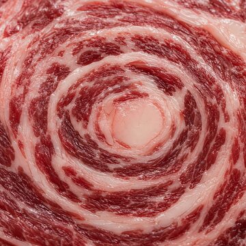 Wagyu beef marbling spiraling around a central fat pocket in a raw steak