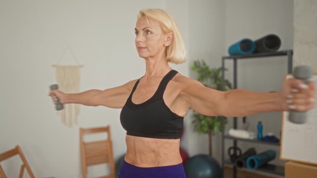 Woman holding dumbbells with arms extended forward and outstretched in a yoga training studio performing controlled lateral raises and shoulder work; strength.