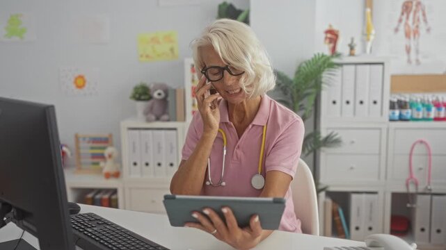 Woman doctor holds phone to ear and tablet in left hand with stethoscope visible in pediatric clinic; compassionate care.
