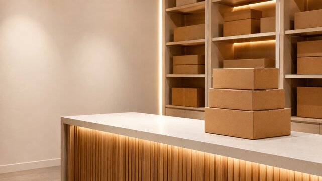 Empty room with storage boxes on a counter and shelves in a modern space