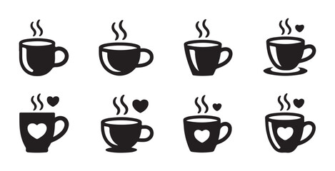 Fototapeta premium Coffee mug silhouettes with heart motifs and steam for romantic café branding and menu illustrations.