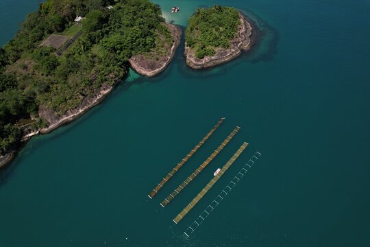 Aerial view of a seaweed plantation with long floating lines in the turquoise waters near lush green islands in Paraty, Rio de Janeiro, Brazil.