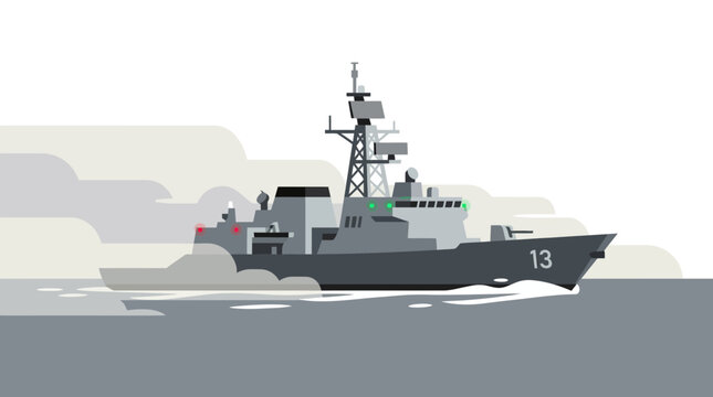 Flat Vector Naval Warship Sailing on the Ocean Surface