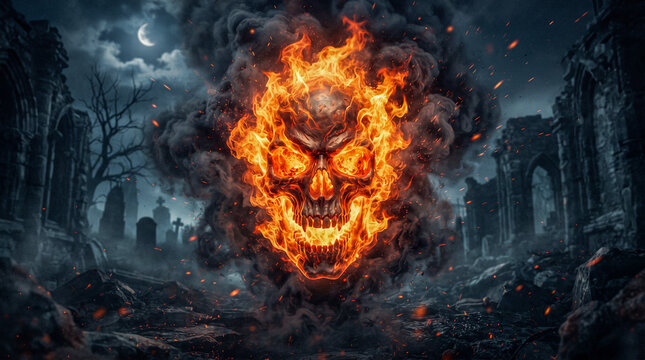 Impresionante calavera envuelta en intensas llamas en una noche oscura con luna creciente y siluetas de &aacute;rboles. Fuego ardiente y humo denso crean un efecto dram&aacute;tico y misterioso.