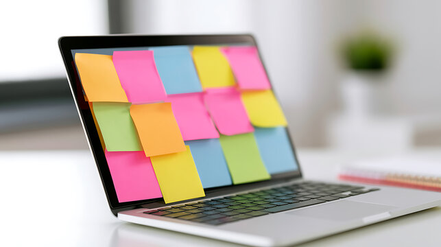 Modern laptop display covered with colorful sticky notes for task management and project planning in a bright office work environment today