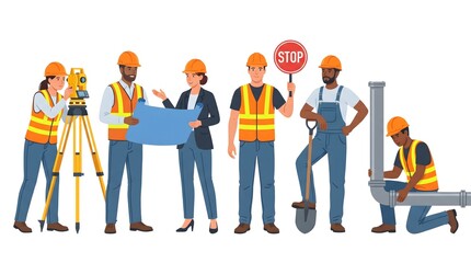 Obraz premium Diverse construction workers and engineers team with tools and blueprints on white background.