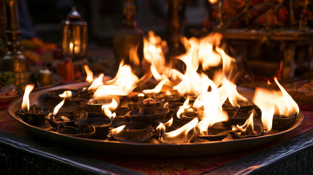Close-up of numerous sacred flames burning in a traditional metal platter on a ceremonial table at Pashupatinath Temple in Kathmandu, warm firelight illuminating ritual objects pre
