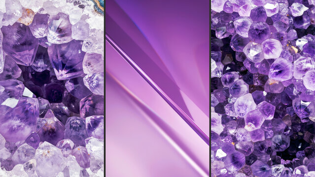 Deep purple amethyst crystal clusters and smooth gradient texture in a three panel view