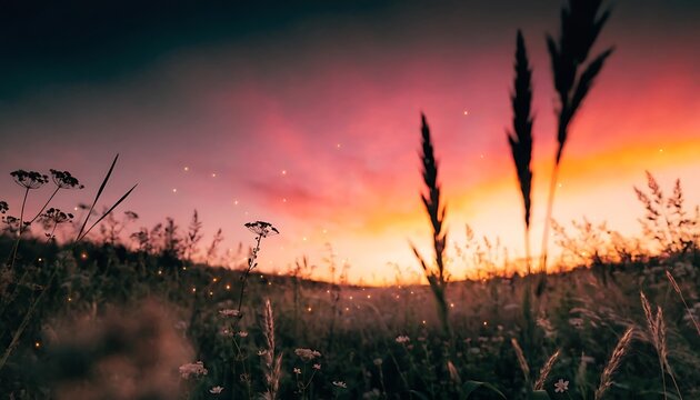 Serene wildflower field with silhouetted grasses sunset high resolution picture