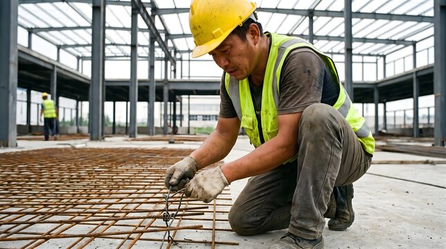 Construction worker tying steel rebar reinforcement on a building site project.