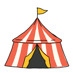 Hand Drawn Circus Tent Illustration. Colorful hand drawn circus tent with red and white striped canopy, yellow entrance and small flag, isolated on a white background. © esra