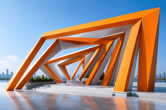3D abstract modern architectural pavilion render, orange geometric beams structure with urban city skyline, futuristic public plaza background, commercial real estate banner template, modern tech pres