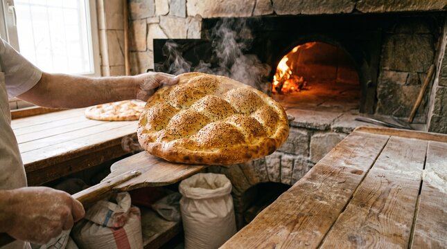 Baker using a wooden peel to take a freshly baked steaming Ramadan pide bread out of a traditional stone oven
