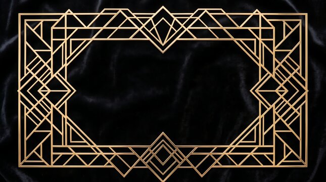 Ornate gold art deco frame with geometric patterns on a black velvet background.