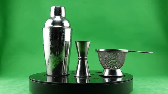 Cocktail Shaker Rotating on a Turntable with Bar Tools, Showcasing a Seamless Looping Motion for Beverage Preparation.