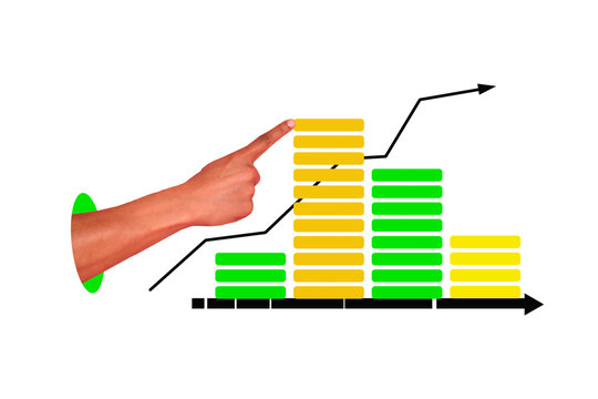 Creative collage hand body fragment showing finger pointing economy results stock dynamic progress rise up platforms charts