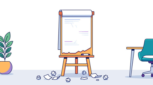 An illustration of an office workspace with a flip chart, crumpled papers, a plant, and a desk with a chair.
