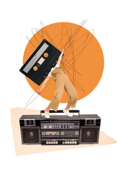 Vertical photo collage of anonym girl instead head retro tape melody boombox recorder event celebration isolated on painted background