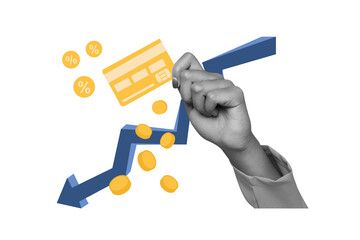 Artwork composite collage image picture of black white colors girl arm hold debit card arrow down...