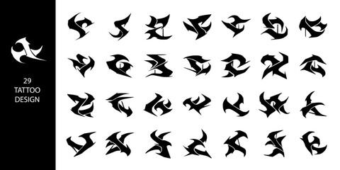 Fototapeta premium Cyberpunk tribal tattoo design set, 29 black abstract vector elements, neo-tribal graphic ornaments for streetwear and body art