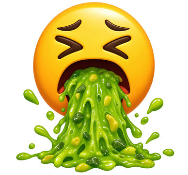 3D render of a sick yellow vomiting emoji puking green liquid isolated
