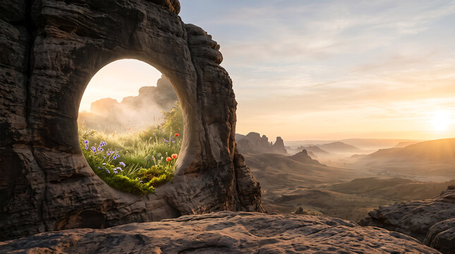 Surreal stone portal overlooking mountain valley, mystical rock window at sunset, ethereal landscape with blooming flowers and morning mist