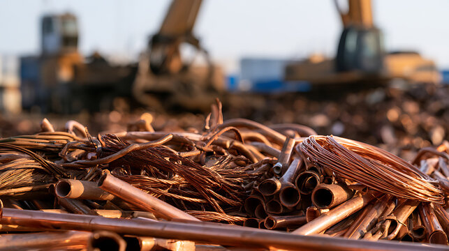 A large pile of copper scrap metal and wires wait for recycling at a salvage yard with heavy machinery operate in the blurred background
