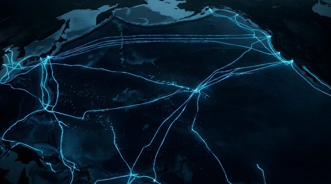 Glowing digital network cables connecting continents across dark ocean map