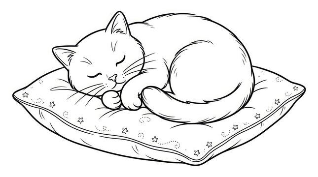 Sleeping cat curled up comfortably on a soft cushion
