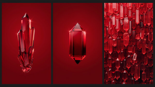 Three panels of deep red gemstone crystals and sharp mineral formations on dark red background