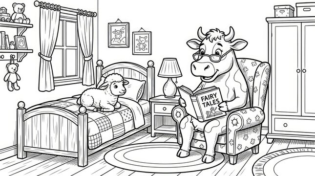 Anthropomorphic cow enjoying tea with a young girl