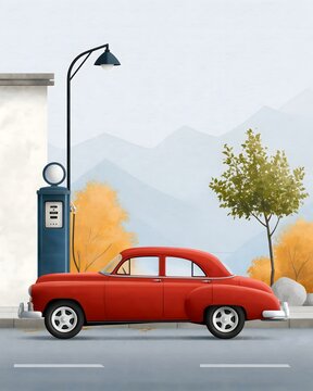 Vintage automotive illustration of a classic car being refueled at an old-fashioned gas station, retro travel atmosphere, detailed hand-painted texture, nostalgic commercial poster style, no text