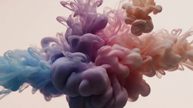 Abstract background of soft blue and pastel red ink clouds diffusing in clear water