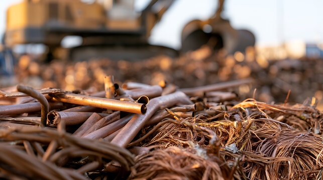 Industrial copper scrap metal pile in recycle yard with excavator machine in background, raw material resource recovery and trade market