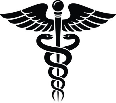 Black silhouette of a caduceus medical symbol featuring two snakes wrapped around a winged staff, isolated on a white background, for healthcare and medicine