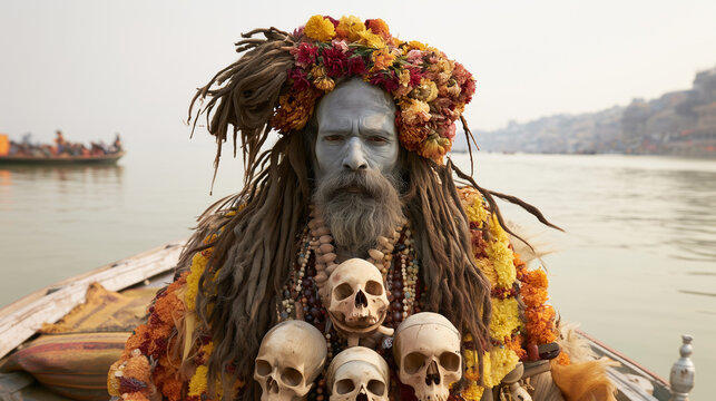 Front-facing portrait of a dramatically dressed Hindu sadhu on a riverside boat, gray ash-painted face framed by tangled dreadlocks, flower garlands, bead necklaces and symbolic sk