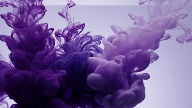 Abstract deep purple ink clouds swirling and dissolving in clear liquid against pale background