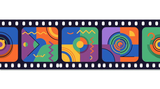 A film strip with five frames, each featuring a unique abstract geometric design in vibrant colors.