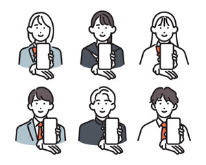 Fototapeta premium シンプル イラスト スマホの画面を見せて紹介する男女の学生6人セット ベクターイラスト