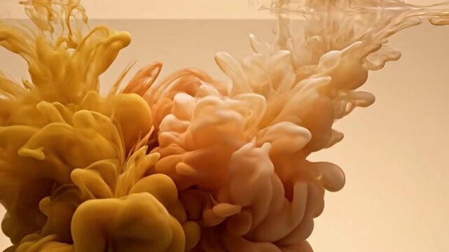 Abstract background of swirling golden and beige liquid ink clouds diffusing in water