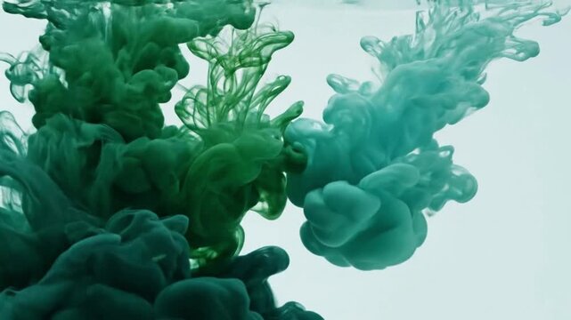 Abstract background of dark teal and light green liquid ink clouds diffusing in water