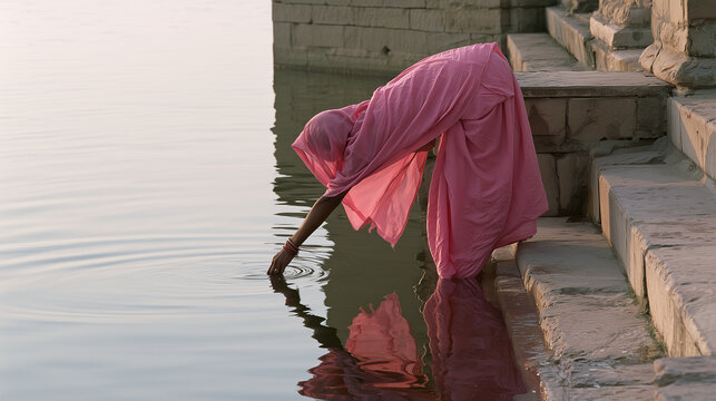 Full-body view of a woman wearing a pink sari performing ritual ablution at the edge of a sacred river, leaning forward from historic stone steps as her hand reaches into calm wate