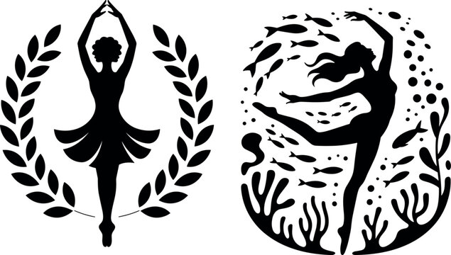 Ballerina and Underwater Mermaid Dancer Vector Silhouette Set for Dance Studio Branding and Artistic Designs