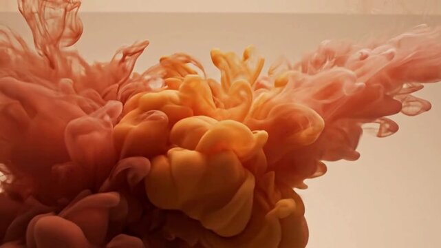 Abstract background of brown and peach liquid ink clouds diffusing in water swirl diffusion smoke