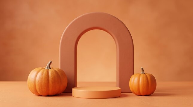 A charming autumn scene featuring pumpkins and a terracotta colored archway perfect for fall decor