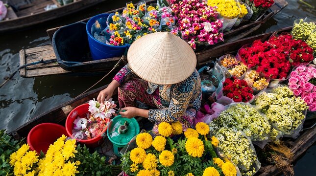 Top view of Vietnamese vendor woman in traditional conical hat sitting on wooden boat surrounded by vibrant fresh flowers. Colorful floating market in Vietnam filled with roses and lilies.