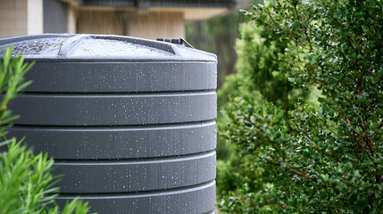 Obraz premium Large grey plastic water tank outdoors in a residential garden during a heavy rain storm, capturing sustainable eco friendly water system