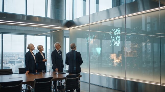 Senior executives observing digital wall